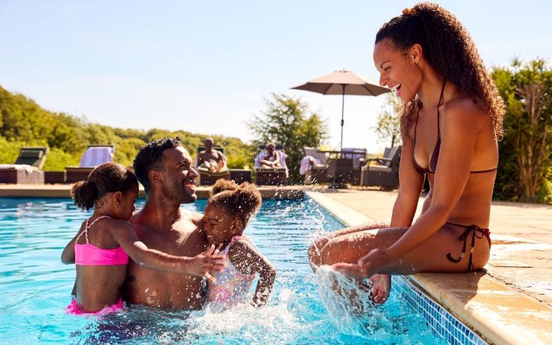 a group of people in a pool